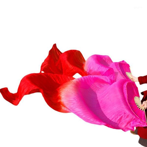 

stage wear hits 2021 high selling women quality silk belly dance fan 100% real veils 1 pair fuchsia + red, Black;red