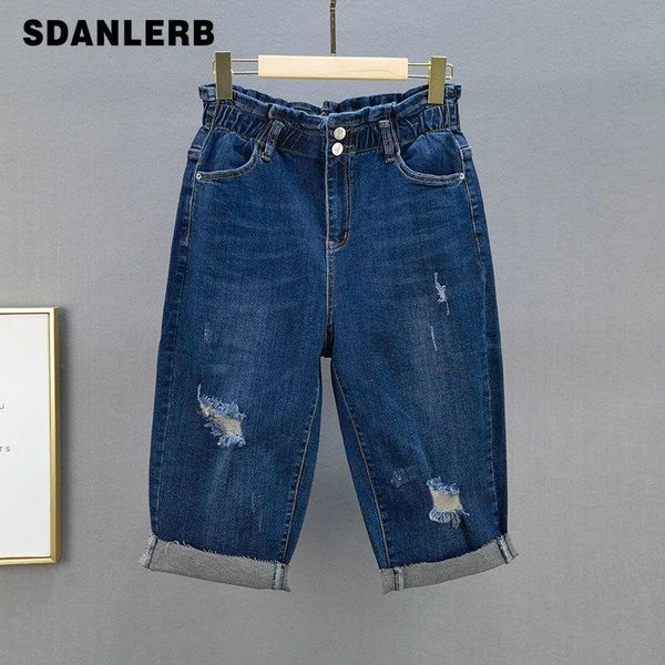 

women's jeans high waisted denim mid-length pants for women 2021 summer elastic slimming holes dark blue harem cropped