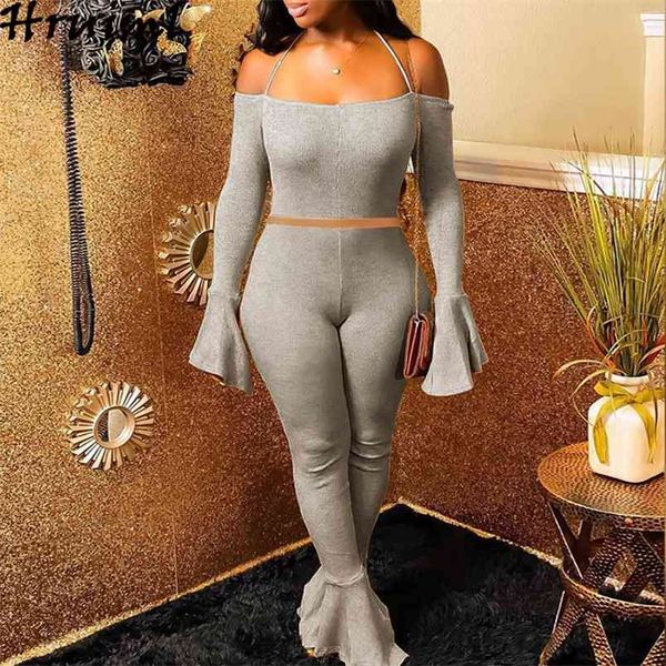 

2 piece set club outfits for women solid fashion long sleeve slash neck flare pants sets plus size skinny tracksuit 210513, White