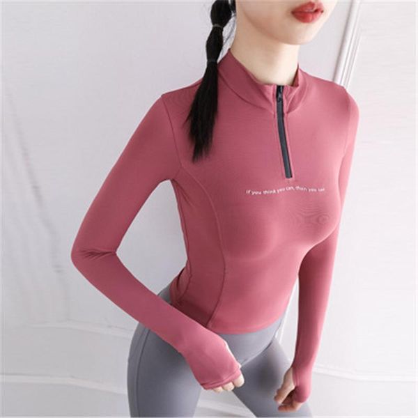 

womens seamless yoga t-shirt fashion trend long sleeve round neck sports skinny designer female slim fitness running zipper tshirt, White