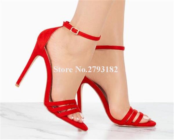 

design women fashion open toe suede leather straps thin heel sandals cut-out red black high dress shoes