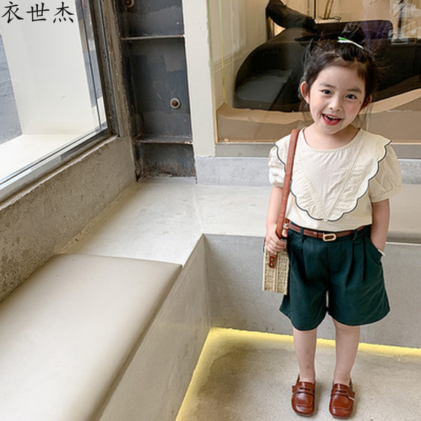 

2022 girls shirt summer new children korean fashion lace short-sleeved shirt girl trend, Blue