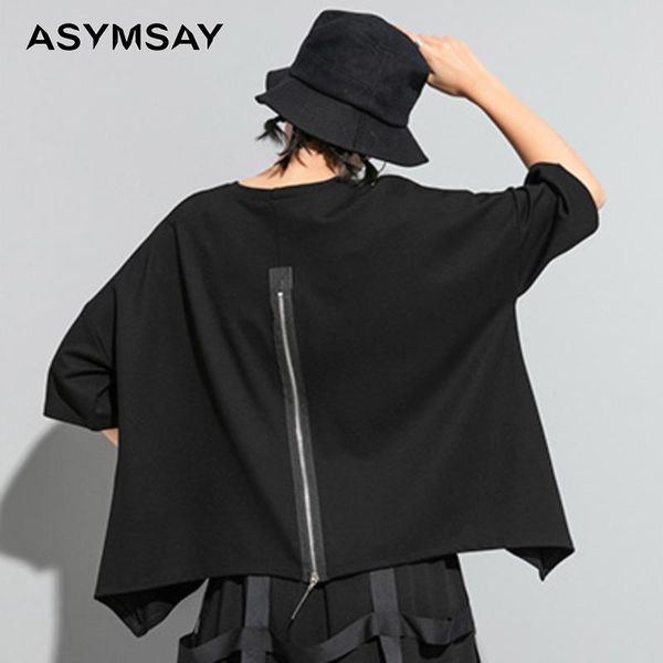 

women's t-shirt asymsay summer fashion tide black zipper decoration bat sleeve loose big size tees streetwear al1969, White