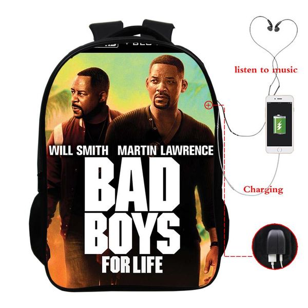 

backpack bad boys printing backpacks men school bags teenagers travel bookbags nylon 16 inch usb charging mochila