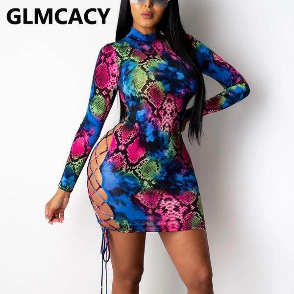 

women long sleeve snakeskin printed bodycon dress lace up backless party club dresses 210702, Black;gray