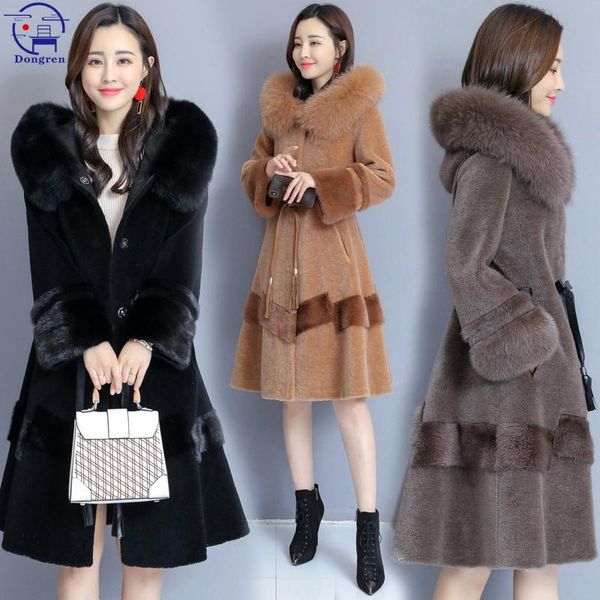 

women's fur & faux cashmere coat winter hooded mink fashion temperament waist middle length coats and jackets, Black