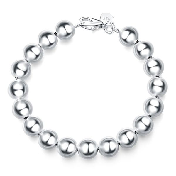 

beaded, strands 925 sterling silver 10mm solid/hollow smooth beads bracelet for women fashion wedding engagement party charm jewelry, Black