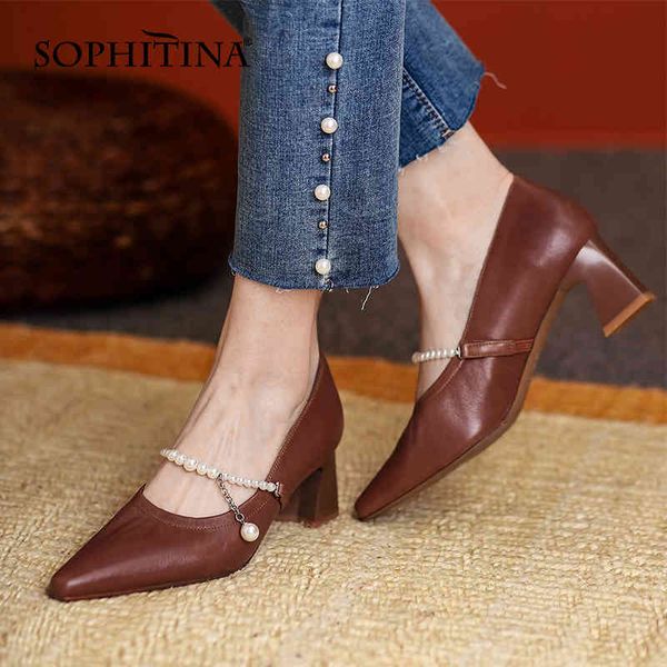 

sophitina fashion female pumps pointed beaded decoration elegant leather shoes hoof heels antiskid wearable women's shoes ao224 210513, Black