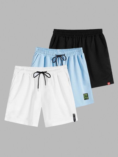 

men 3pcs letter patched drawstring waist track shorts r4vw#, Black