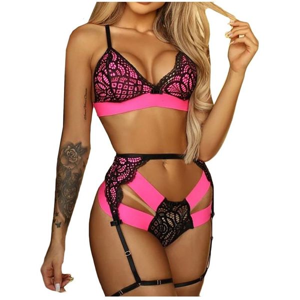 

bras 4 pcs/lots pink lace and mesh print lingerie set women's underwear sensual woman bra+panties+garter+stockings christmas, Red;black