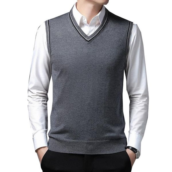 

men's vests mens brand knit tank jumpers basic sweater pullover sleeveless 13.1% wool casual autumn winter solid grey v neck a08190949, Black;white