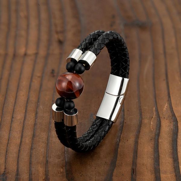 

beaded, strands 2021 classic natural round tiger's eye double-layer leather braided rope stainless steel men's bracelet, Black