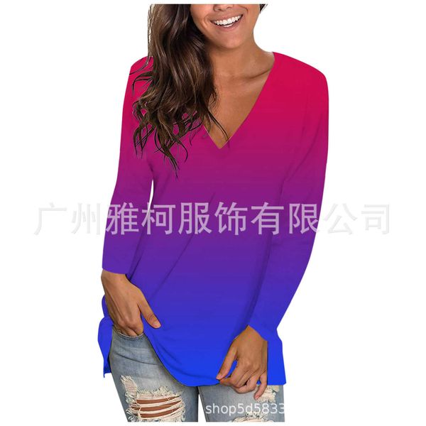 

2021 women's gradient long sleeve v-neck loose split t-shirt, White