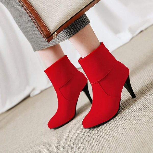 

boots ankle for women autumn winter pointed toe zip high heel short wedding party shoes plus size 31-43 9130, Black