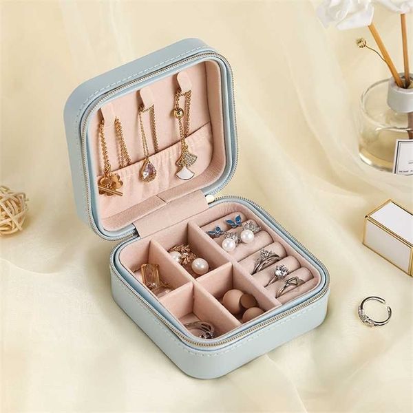 

protable travel leather jewelry box organizer small earrings ring necklace casket for jewellery storage case women girls gifts 211105, Black