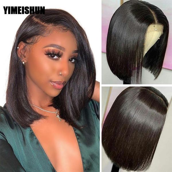 

straight short bob wigs lace frontal human hair pre plucked brazilian 4x4 closure wig front wig1, Black;brown