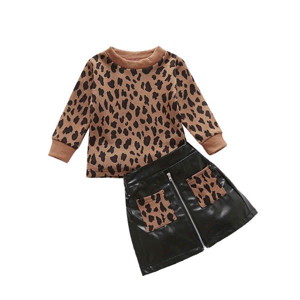 1-5Y Herbst Winter Kleinkind Kind Mädchen Kleidung Set Leopard Langarm Pullover Top Pu Leder Röcke Kinder Outfits 210515