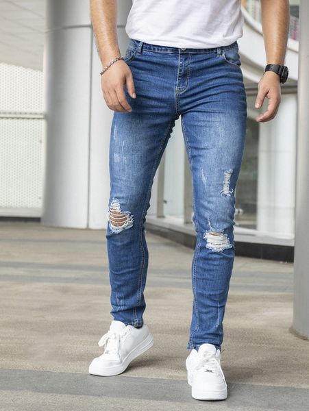 

men ripped frayed cat scratch skinny jeans s8x8#, Blue