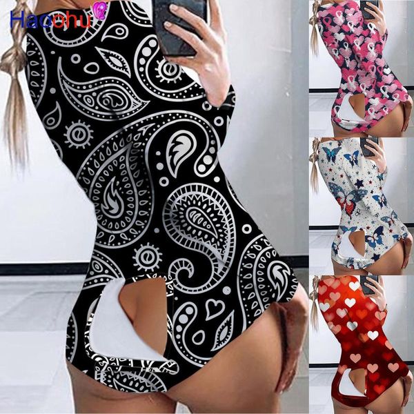 

women's jumpsuits & rompers haoohu women v-neck print bodycon sleepwear jumpsuit button bodysuit shorts leotard long sleeve party stree, Black;white