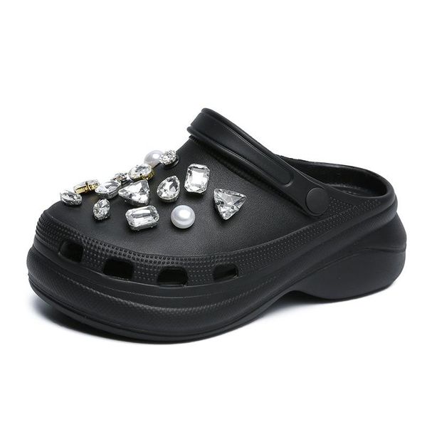 

slippers handmade rhinestone thick-soled hole shoes women 2021 summer fashion baotou two-wear sandals and beach, Black