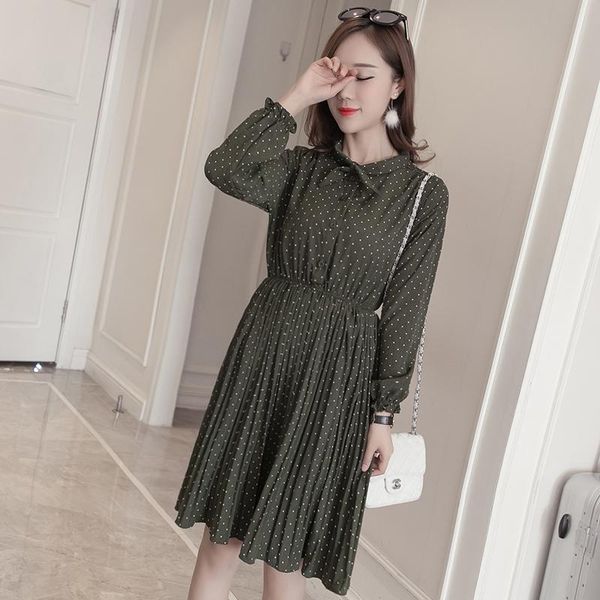 

casual dresses elegant women chiffon polka dot printed slim pleated office ladies butterfly sleeve a-line bow tie vestidos a118, Black;gray