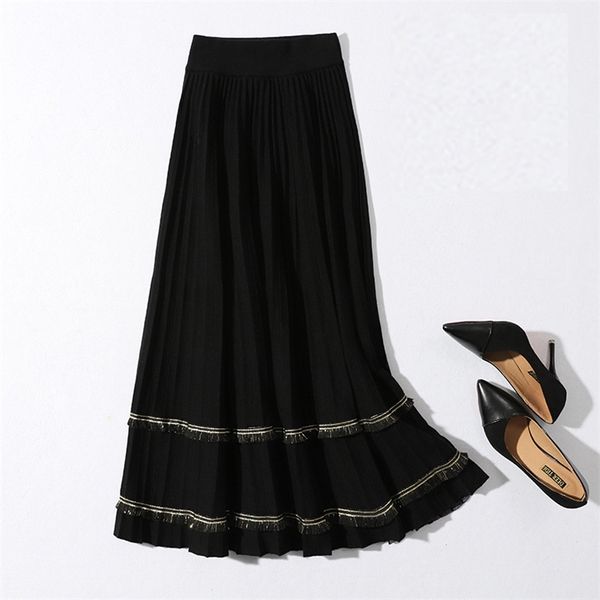 

autumn winter women's skirt korean style splicing knitted pleated slim mid-length high-waisted female s gx450 210507, Black