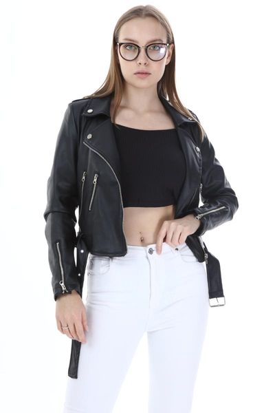 

women's jackets manga black zippered leather coat, Black;brown