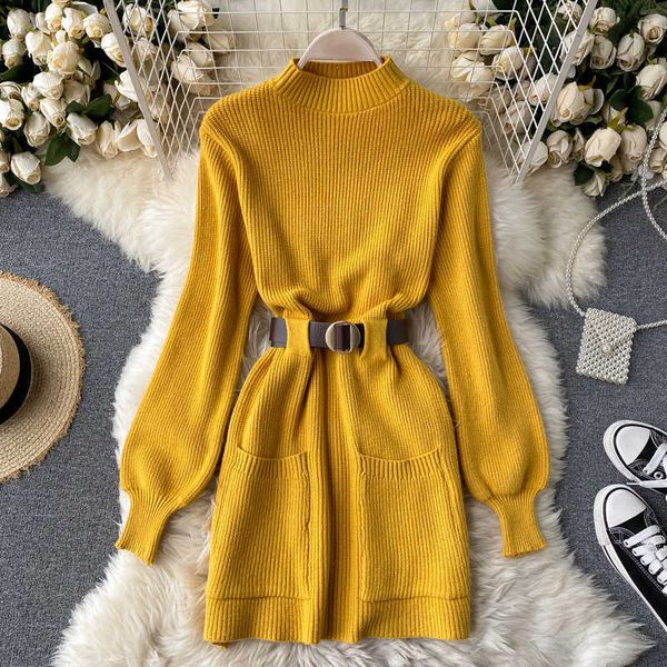 

loose yellow puff sleeve knitted dress half high collar all-match retro autumn stretch high waist vestido mujer bandage sweater 210610, Black;gray