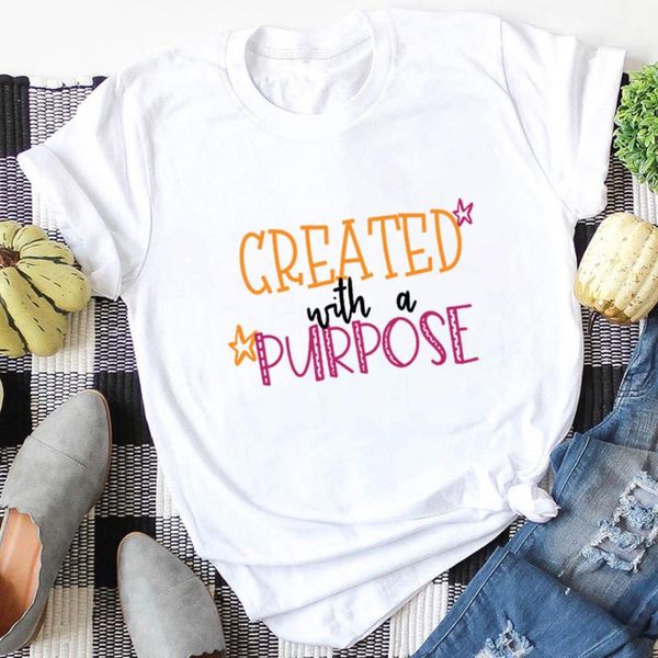 

women's t-shirt created with a purpose 100%cotton print women tshirt christian shirt funny summer autumn casual short sleeve top, White