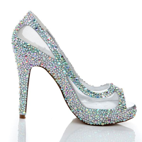 

dress shoes sparkling spring summer women high heels rhinestone glitter ab color crystal wedding peep toe mesh lace bridal, Black