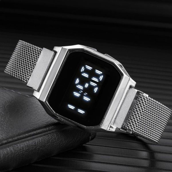 

wristwatches men's wrist watches led digital watch luxury mesh band square sports for men women electronic clock reloj hombre, Slivery;brown
