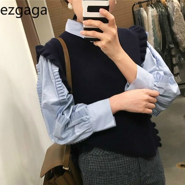 

ezgaga office lady two piece set women chic autumn elegant ruffles knit sweater vest ruched long puff sleeve shirts fashion 210430, White