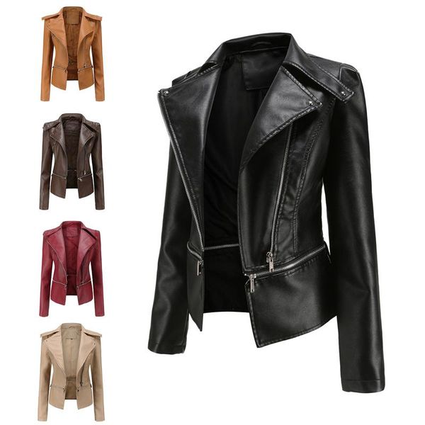 

women's leather & faux 2021 winte punk outwear casual women pu loose female jacket detachable zipper lapel at hem biker coat black for
