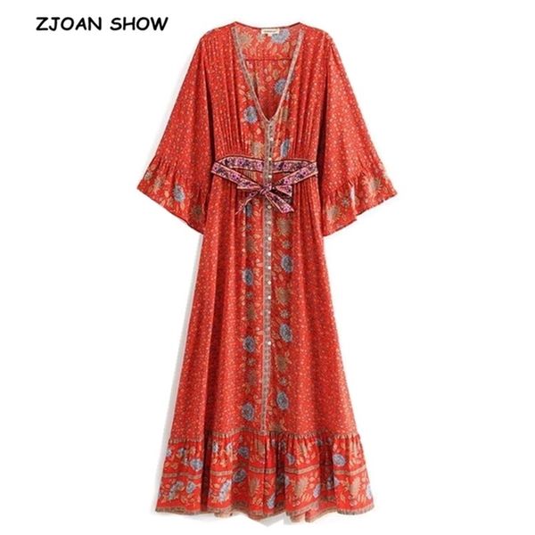 

v neck sunflower floral print women boho dress bow sashes single-breasted buttons flare sleeve maxi long swing dresses 210429, Black;gray