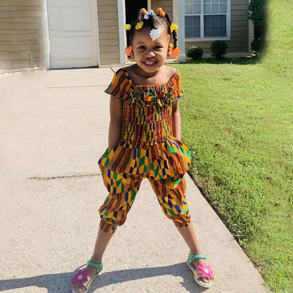 

(1-6y) two-piece children's clothing bohemian ethnic style toddler kids baby girls african dashiki tee+bloomers pants sets, White