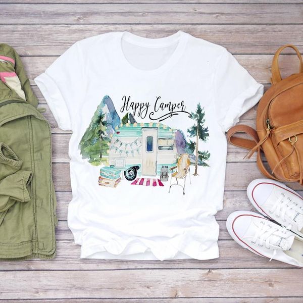 

summer happy camper fashion holiday women t shirt short sleeve ladies womens graphic female tee, White