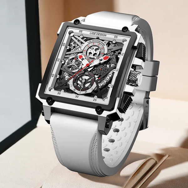 Orologi da uomo LIGE Top Brand Luxury Square Hollow Sport Orologio al quarzo Uomo Moda Silicone Impermeabile Datario automatico Orologio Uomo + Scatola 210527