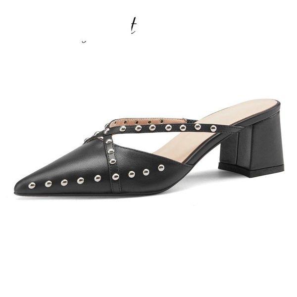 

plus size genuine leather pointed toe mules metal fasteners rivets dating slip on outside slipper shoes women l7f1 slippers, Black