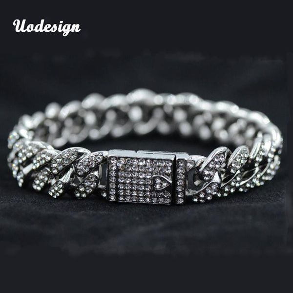 

link, chain men luxury gold color iced out rhinestone hiphop bracelets miami cuban link bracelet for hip hop boy, Black