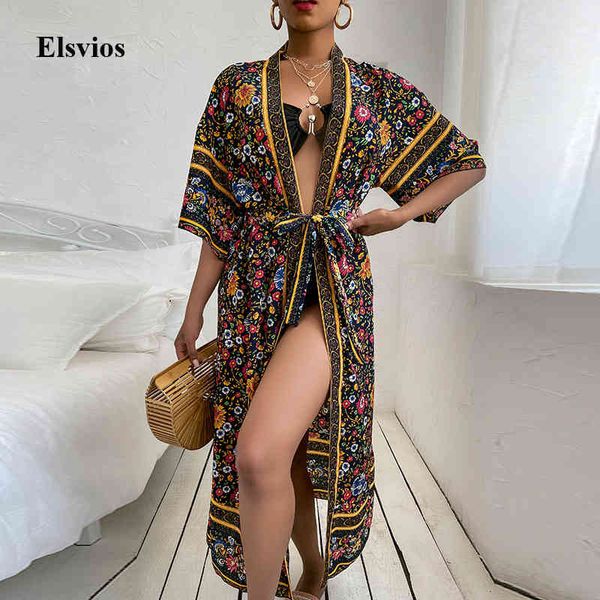 

casual dresses women floral print cover-up swimwear vintage short sleeve lace-up bikini swimsuit 2021 summer boho long robe beach, Black;gray