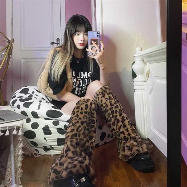 Punk leopardo vintage perna aquecedor mulheres harajuku coreano moda gótico peúga emo y2k estética alt inverno saggy joelho manga perna 211221