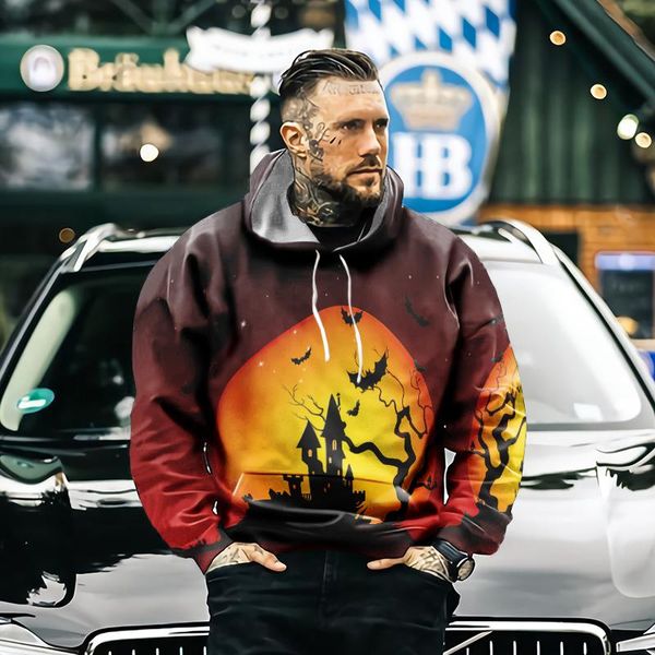 

men's hoodies & sweatshirts autumn and winter halloween horror castle pattern women's street fashion wild loose oversize, Black