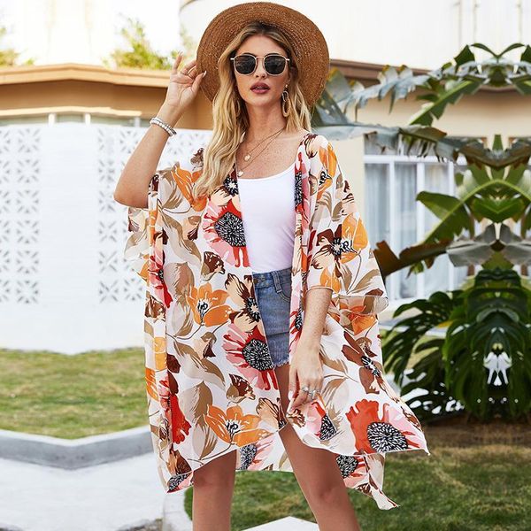 

women's swimwear bohemian holiday women floral print cardigan batwing half sleeve split hem open front sheer loose beachwear blouse kim, White;black