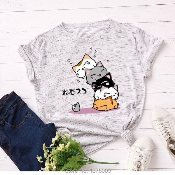 

japan game summer neko atsume womens t shirt cat meow femme harajuku style school girls casual shein mujer tee, White