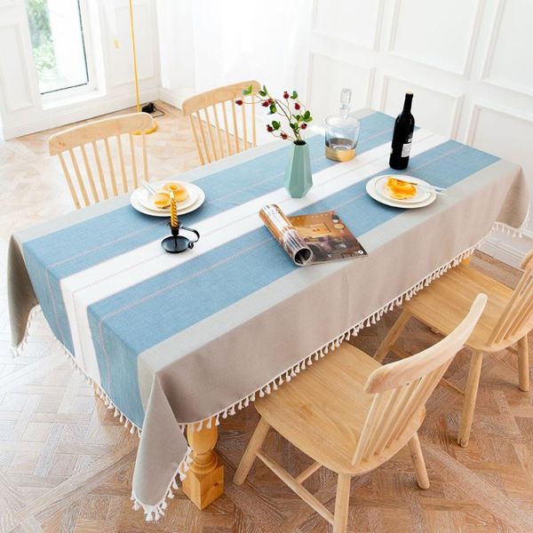 

table cloth home decoration simple stitching stripes party tassel cotton linen tablecloth textile rectangle dining cover