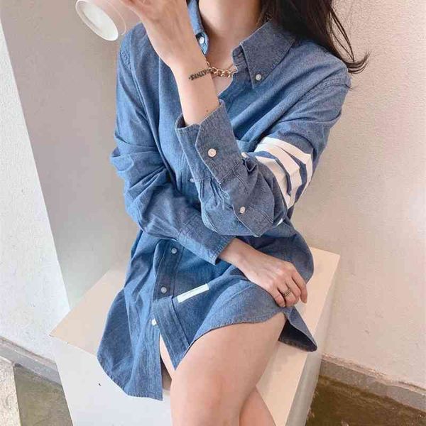 

21 autumn tb denim long sleeve color contrast four bar denim blue casual loose shirt qingdao jimo, Black