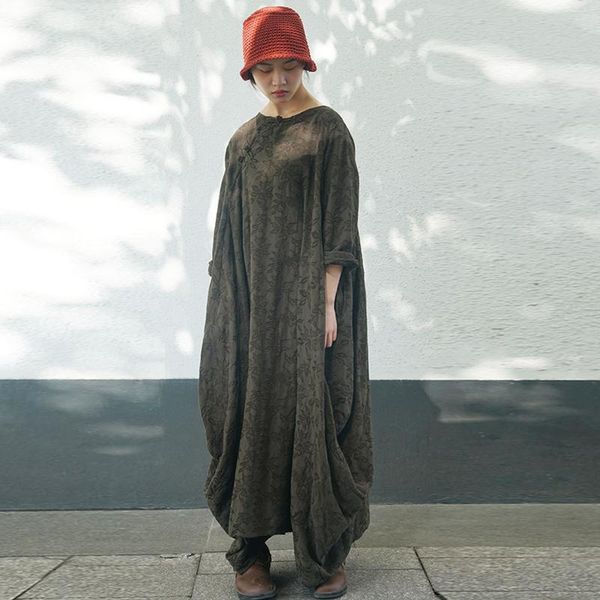 

casual dresses johnature women solid color jacquard 2021 winter o-neck vintage chinese style buckle loose waist thick long, Black;gray