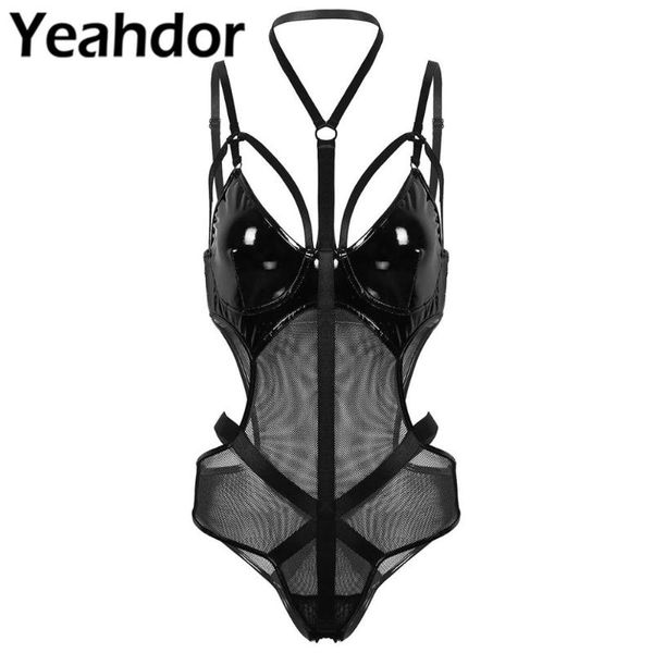 

women bodysuit see through sheer mesh splice patent leather bodysuits halter neck cut out waist one-piece clubwear women's jumpsuits &, Black;white