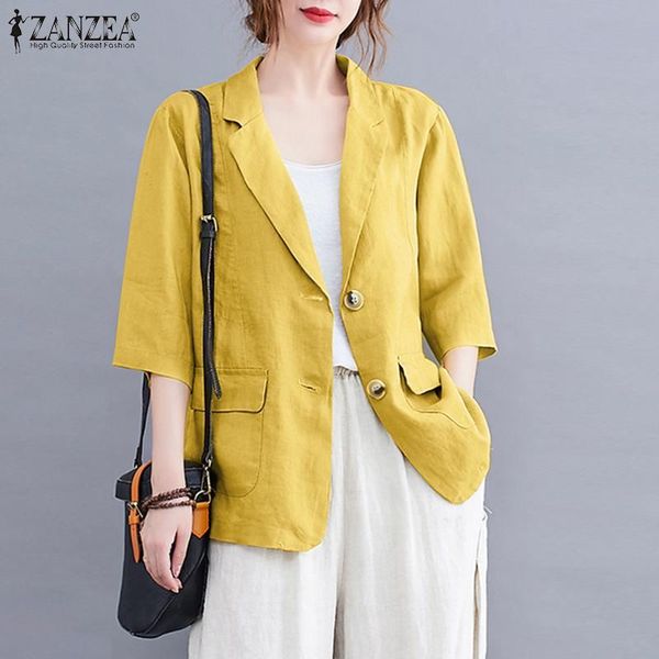 

women's suits & blazers button down ol tunic jackets summer women cotton 3/4 sleeve blazer zanzea casual elegant lapel thin coats vinta, White;black