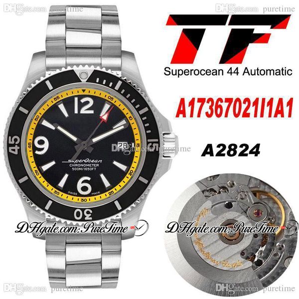 TF SuperOcean 44 ETA A2824 Automatische Herrenuhr A17367031I1A1 Gelb Inn Black Dial Stick Number Marker Edelstahl Armband Super Edition Uhren PureTime